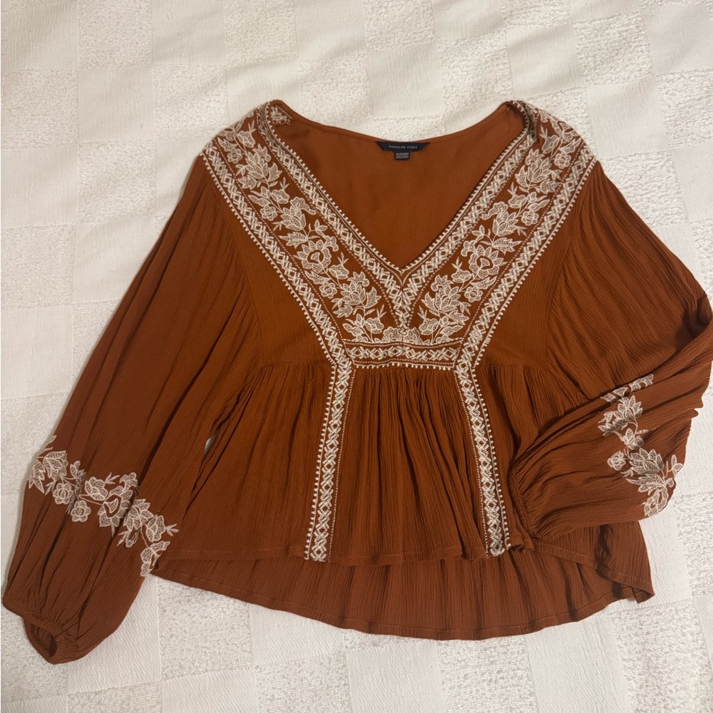 American Eagle Embroidered Brown Women's Top